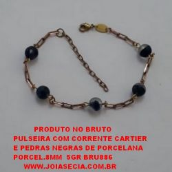 PULSEIRA NO BRUTO PRONTO PARA O BANHO PULSEIRA COM CORRENTE CARTIER  18CM+EXTENSOR E PEDRAS NEGRAS DE PORCELANA  PORCEL.8MM  5GR BRU886