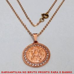 GARGANTILHA NO BRUTO PRONTO PARA O BANHO JA NO COBRE PINGENTE MEDALHA DE SAO BENTO 2CM COM PEDRA DE ZIRCONIAS PESO TOTAL 4.8GR REF.BRU687B