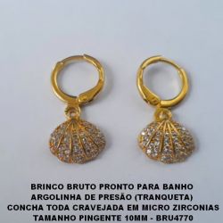 BRINCO BRUTO PRONTO PARA BANHO  ARGOLINHA DE PRESÃO  CONCHA TODA CRAVEJADA EM MICRO ZIRCONIAS TAMANHO PINGENTE 10MM - BRU4770