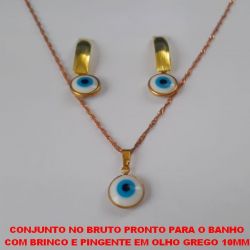 CONJUNTO NO BRUTO PRONTO PARA O BANHO COM BRINCO E PINGENTE EM OLHO GREGO 10MM COM BASE EM LATÃO - CORRENTE SINGAPURA 45CM +EXTENSOR - PESO 4,9GR - BRU2827