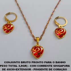 CONJUNTO BRUTO PRONTO PARA O BANHO  PESO TOTAL 3,9GR) - COM CORRENTE SINGAPURA  DE 45CM+EXTENSOR - PINGENTE DE CORAÇÃO COM  CRISTAL 10MM - BRU3225