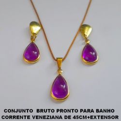 CONJUNTO  BRUTO PRONTO PARA BANHO  CORRENTE VENEZIANA DE 45CM+EXTENSOR COM BASE TIPO GOTA-PINGENTE DE 14X9MM COM CRISTAL LEITOSO - PESO 3,9GR -  BRU2423
