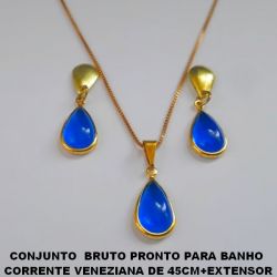 CONJUNTO  BRUTO PRONTO PARA BANHO  CORRENTE VENEZIANA DE 45CM+EXTENSOR COM BASE TIPO GOTA-PINGENTE DE 14X9MM COM CRISTAL LEITOSO - PESO 3,9GR -  BRU5127
