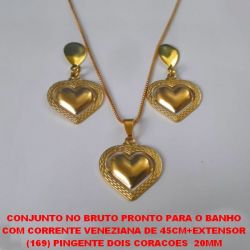 CONJUNTO NO BRUTO PRONTO PARA O BANHO COM CORRENTE VENEZIANA DE 45CM+EXTENSOR (169) PINGENTE DOIS CORACOES  20MM PESO TOTAL 5,9GR - BRU4326