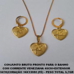 CONJUNTO BRUTO PRONTO PARA O BANHO COM CORRENTE VENEZIANA 45CM+EXTENSOR (3470)CORAÇÃO 16X13MM (FÉ) - PESO TOTAL 5,7GR BRINCO ARGOLINHA DE PRESSAO(TRANQUETA) BRU0345