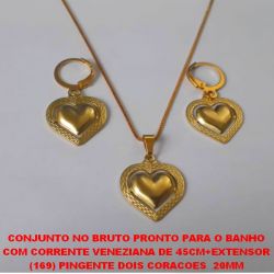 CONJUNTO NO BRUTO PRONTO PARA O BANHO COM CORRENTE VENEZIANA DE 45CM+EXTENSOR (169) PINGENTE DOIS CORACOES  20MM PESO TOTAL 5,9GR - BRU2477