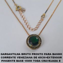 GARGANTILHA BRUTO PRONTO PARA BANHO CORRENTE VENEZIANA DE 45CM+EXTENSOR PINGENTE BASE 15MM TODA CRAVEJADA E  ZIRCONIA DE 10X10MM - PESO3,7GR  BRU0426