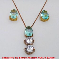 CONJUNTO NO BRUTO PRONTO PARA O BANHO -  CONJUNTO COM PINGENTE COM ZIRCONIA 10X14 E ZIRCONIAS  10X10 - BRINCO COM ZIRCONIA 10X14 - COM BASES  EM ALTA FUSÃO -ZIRCONIAS COLORIDAS - PESO:10,5GR - BRU4077