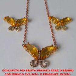 CONJUNTO NO BRUTO PRONTO PARA O BANHO  COM BRINCO 2X1,5CM - E PINGENTE 3X2CM -  BORBOLETA TODA CRAVEJADA EM MICRO  ZIRCONIAS CORRENTE DE 45CM COM FECHO LAGOSTA -  PESO 8,9GR - BRU4557