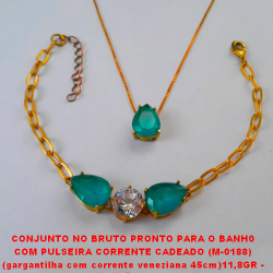 CONJUNTO NO BRUTO PRONTO PARA O BANH0  COM PULSEIRA CORRENTE CADEADO (M-0188)  (gargantilha com corrente veneziana 45cm)11,8GR -  COM BASE EM ALTA FUSÃO - E ZIRCONIAS COLORIDA BRU0228