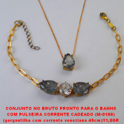CONJUNTO NO BRUTO PRONTO PARA O BANH0  COM PULSEIRA CORRENTE CADEADO (M-0188)  (gargantilha com corrente veneziana 45cm)11,8GR  - COM BASE EM ALTA FUSÃO - E ZIRCONIAS COLORIDA BRU0657