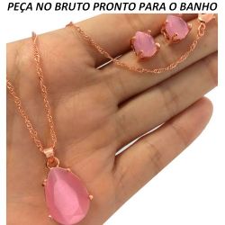 CONJUNTO NO BRUTO PRONTO PARA O BANHO CORRENTE VENEZIANA COM EXTENSOR DE PEDRA CALCEDÓNIA (OLHO DE GATO)BRINCO OVAL 10X8MM E PINGENTE OVAL 15X20MM PESO TOTAL DO CONJUNTO 11GR NA COR ROSA CONJUNTO REF:BRU808