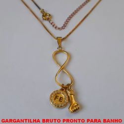 GARGANTILHA BRUTO PRONTO PARA O BANHO COM CORRENTE VENEZIANA DE 45CM+EXTENSOR COM PINGENTE DE INFINITO/FÉ CRAVEJADO/FIGA BRU4278