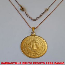 GARGANTILHA BRUTO PRONTO PARA BANHO COM CORRENTE L11 IMPORTADA 45CM+EXTENSOR -  COM FECHO LAGOSTA - PINGENTE DE 25MM ORAÇÃO DE SAO BENTO - PESO  3,2GR BRU3217