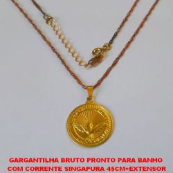 GARGANTILHA BRUTO PRONTO PARA BANHO  COM CORRENTE SINGAPURA 45CM+EXTENSOR (2579)PINGENTE ESPIRITO SANTO C/ DIZERES 20MM PESO TOTAL 3,7GR - BRU4539