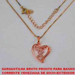 GARGANTILHA BRUTO PRONTO PARA BANHO COM CORRENTE VENEZIANA DE 45CM+EXTENSOR PINGENTE DE 17MM - TODO COM 3 CORAÇÃO E MICRO ZIRCONIAS - BASE EM ALTA FUSÃO PESO TOTAL 3,3GR - BRU0732
