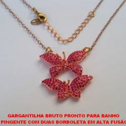 GARGANTILHA BRUTO PRONTO PARA BANHO  PINGENTE COM DUAS BORBOLETA EM ALTA FUSÃO  26X25MM TODA CRAVEJADA EM MICRO ZIRCONIAS PESO 6,3GR - BRU3527
