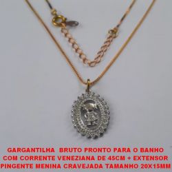 GARGANTILHA  BRUTO PRONTO PARA O BANHO(TT) COM CORRENTE VENEZIANA DE 45CM + EXTENSOR PINGENTE MENINA CRAVEJADA TAMANHO 20X15MM PESO TOTAL 3,7GR - BRU4607