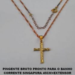GARGANTILHA  BRUTO PRONTO PARA O BANHO CORRENTE SINGAPURA 45CM+EXTENSOR (2133) CRUZ ESTAMPADA C/ CRISTO 22MM PESO 2,3GR - BRU0182