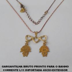GARGANTILHA BRUTO PRONTO PARA O BANHO CORRENTE L11 IMPORTADA 45CM+EXTENSOR (4250) CANGA 3 CORAÇÃO RETO VAZADO DUAS  MENINA - PESO 2,7GR - BRU1907