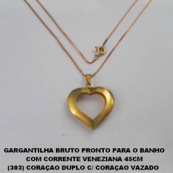 GARGANTILHA BRUTO PRONTO PARA O BANHO COM CORRENTE VENEZIANA 45CM (303) CORAÇAO DUPLO C/ CORAÇAO VAZADO 25X27MM TOTAL 3,9GR - BRU0273