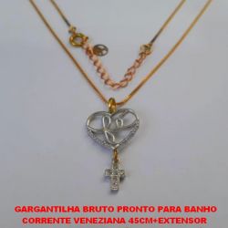 GARGANTILHA BRUTO PRONTO PARA BANHO CORRENTE VENEZIANA 45CM+EXTENSOR  (TT)PINGENTE CORAÇÃO E PALAVRA FÉ  COM UMA CRUZ CRAVEJADA EM MICRO ZIRCONIAS PESO TOTAL 3,2GR - BRU1245