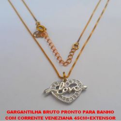 GARGANTILHA BRUTO PRONTO PARA BANHO COM CORRENTE VENEZIANA 45CM+EXTENSOR (TT)PINGENTE DE CORAÇÃO TODO CRAVEJADO  PESO TOTAL 3,8GR - BRU1418