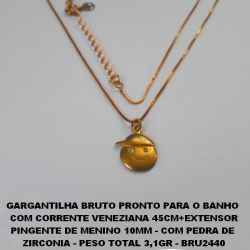 GARGANTILHA BRUTO PRONTO PARA O BANHO  COM CORRENTE VENEZIANA 45CM+EXTENSOR PINGENTE DE MENINO 10MM - COM PEDRA DE  ZIRCONIA - PESO TOTAL 3,1GR BRU2440