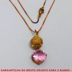 GARGANTILHA NO BRUTO PRONTO PARA O BANHO -  GARGANTILHA COM CORRENTE VENEZIANA E PINGENTE COM BOLA DIAMANTADA DE 10MM E ZIRCONIA ROSA 1Ox10 - TAMANHO:45,0CM - PESO:4,0GR - BRU3798