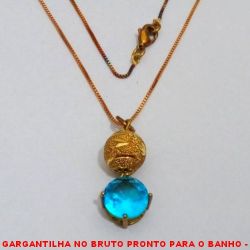 GARGANTILHA NO BRUTO PRONTO PARA O BANHO -  GARGANTILHA COM CORRENTE VENEZIANA E PINGENTE COM BOLA DIAMANTADA DE 10MM E Ox10 - TAMANHO:4ZIRCONIA AZUL 15,0CM - PESO:4,0GR - BRU3796