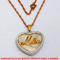 GARGANTILHA NO BRUTO PRONTO PARA O BANHO -  GARGANTILHA COM CORRENTE SINGAPURA E  PINGENTE DE CORAÇÃO DE MADREPEROLA COM A  PALAVRA ''MÃE'' - TAMANHO:45,0CM - PESO:4,2GR -  BRU4061