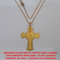 GARGANTILHA NO BRUTO PRONTO PARA O BANHO  COM CORRENTE VENEZIANA - FECHO LAGOSTA PINGENTE DE CRUZ - 4,5X3CM FOTOCORROSÃO PESO 3,8GR - BRU2134