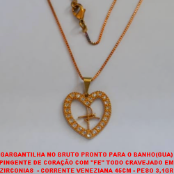 GARGANTILHA NO BRUTO PRONTO PARA O BANHO(GUA) PINGENTE DE CORAÇÃO COM ''FE'' TODO CRAVEJADO EM ZIRCONIAS  - CORRENTE VENEZIANA 45CM - PESO 3,1GR FECHO LAGOSTA - 5210658