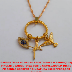 GARGANTILHA NO BRUTO PRONTO PARA O BANHO(GUA)  PINGENTE AMULETO DA SORTE CRAVEJADO EM MICRO  ZIRCONIAS CORRENTE SINGAPURA 45CM PESO4,5GR 5210857