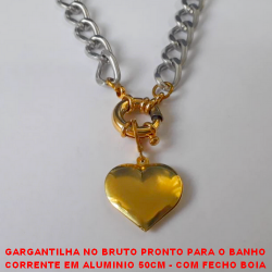 GARGANTILHA NO BRUTO PRONTO PARA O BANHO CORRENTE EM ALUMINIO 50CM - COM FECHO BOIA GRANDE - PINGENTE CORAÇÃO 2,5CM - CORRENTE LARGURA 1,CM - PESO 25GR  -BRU2023