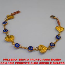 PULSEIRA  BRUTO PRONTO PARA BANHO  COM SEIS PINGENTE OLHO GREGO E QUATRO CORAÇÃO DE 12MM COM FECHO LAGOSTA TAMANHO 20CM  - PESO 5,6GR - BRU0344