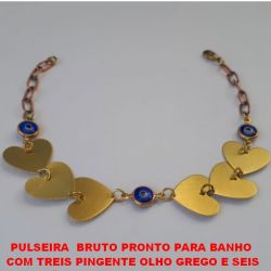 ULSEIRA  BRUTO PRONTO PARA BANHO  COM TREIS PINGENTE OLHO GREGO E SEIS CORAÇÃO DE 15MM COM FECHO LAGOSTA TAMANHO 20CM  - PESO 4,3GR - BRU0775