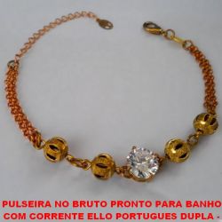 PULSEIRA NO BRUTO PRONTO PARA BANHO  COM CORRENTE ELLO PORTUGUES DUPLA -  FECHO LAGOSTA - TAMANHO 17CM - PESO 4,4GR  E EXTENSOR - BOLAS DE LATÃO DE 8MM -  E UMA PEDRA 10X10MM ZIRCONIA  - BRU1623