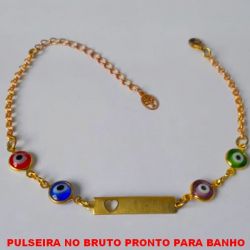 PULSEIRA NO BRUTO PRONTO PARA BANHO COREENTE ELLO PORTUGUES QUATRO PEDRA DE OLHO GREGO COLORIDO E CHAPINHA COM CORAÇÃO - 18CM+EXTENSOR COM FECHO LAGOSTA - PESO 2,7GR - BRU1763