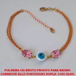 PULSEIRA NO BRUTO PRONTO PARA BANHO COM CORRENTE ELLO PORTUGUES DUPLA- COM OLHO GREGO E ZIRCONIA - FECHO LAGOSTA - TAMANHO 18CM COM EXTENSOR - PESO 5,8GR - BRU1575