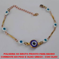 PULSEIRA NO BRUTO PRONTO PARA BANHO CORRENTE EM PINO E OLHO GREGO - COM OLHO GREGO 10MM AZUL   - FECHO LAGOSTA - TAMANHO 18CM COM EXTENSOR - PESO 2,9GR - BRU0292