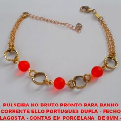 PULSEIRA NO BRUTO PRONTO PARA BANHO  CORRENTE ELLO PORTUGUES DUPLA - FECHO  LAGOSTA - CONTAS EM PORCELANA  DE 8MM -  TAMANHO 18CM - PESO 6,6GR - COM EXTENSOR -  BRU0714