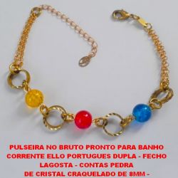 PULSEIRA NO BRUTO PRONTO PARA BANHO  CORRENTE ELLO PORTUGUES DUPLA - FECHO  LAGOSTA - CONTAS PEDRA  DE CRISTAL CRAQUELADO DE 8MM -  TAMANHO 18CM - PESO 6,9GR - COM EXTENSOR -  BRU2232