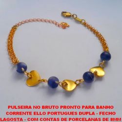 PULSEIRA NO BRUTO PRONTO PARA BANHO CORRENTE ELLO PORTUGUES DUPLA - FECHO LAGOSTA - COM CONTAS DE PORCELANAS DE 8MM - TAMANHO 18CM - PESO 5,8GR COM EXTENSOR - BRU1190