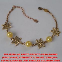 PULSEIRA NO BRUTO PRONTO PARA BANHO (PESO 4,4GR) CORRENTE TODA EM CORAÇÃO -  FECHO LAGOSTA COM PEROLAS COLORIDA DE 8MM TAMANHO 18CM+EXTENSOR BRU1909