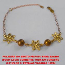 PULSEIRA NO BRUTO PRONTO PARA BANHO (PESO 3,6GR) CORRENTE TODA EM CORAÇÃO (057)FLOR C/ PÉTALAS VAZADAS 15MM TAMANHO 18CM+EXTENSOR - BOLAS LATÃO 8MM BRU3360