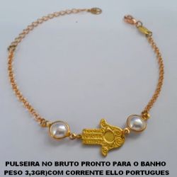 PULSEIRA NO BRUTO PRONTO PARA O BANHO  PESO 3,3GR)COM CORRENTE ELLO PORTUGUES(FECHO LAGOSTA) COM PEROLAS DE 8MM E MÃO DE FATIMA  TAMANHO 17CM+EXTENSOR  BRU1179