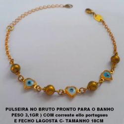 PULSEIRA NO BRUTO PRONTO PARA O BANHO PESO 3,1GR ) COM corrente ello portugues E FECHO LAGOSTA C- TAMANHO 18CM  COM BOLAS DE LATÃO E OLHO GREGO DE  CORAÇÃO - BRU2492