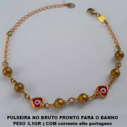 PULSEIRA NO BRUTO PRONTO PARA O BANHO PESO 3,1GR ) COM corrente ello portugues E FECHO LAGOSTA C- TAMANHO 18CM  COM BOLAS DE LATÃO E OLHO GREGO DE  CORAÇÃO - BRU2859
