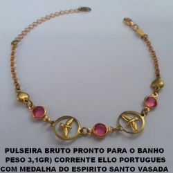 PULSEIRA BRUTO PRONTO PARA O BANHO  PESO 3,1GR) CORRENTE ELLO PORTUGUES COM MEDALHA DO ESPIRITO SANTO VASADA  E CRISTAL ROSA /COM CORAÇÃO  COMPRIMENTO 18+EXTENSOR BRU4185